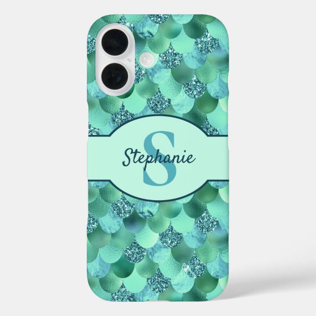 Monogram Mermaid Scales Sea Green Aqua Blue iPhone 16 Hülle (Rückseite)