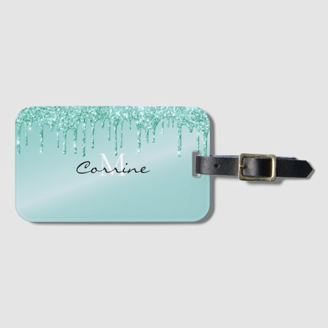 Monogram Metallic Aqua Blue Dripping Glitzer Icing Gepäckanhänger (Vorderseite (Horizontal))
