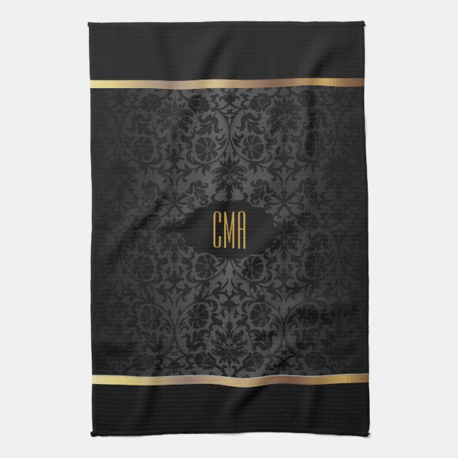 Monogram Metallic Gold & Floral Damask Muster Handtuch (Vertikal)