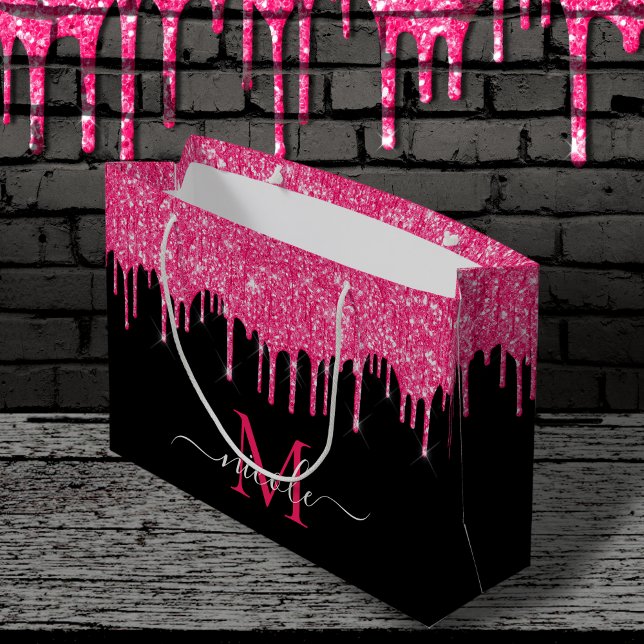 Monogram Metallic Hot Pink Drilling Glitzer Black Große Geschenktüte (Von Creator hochgeladen)