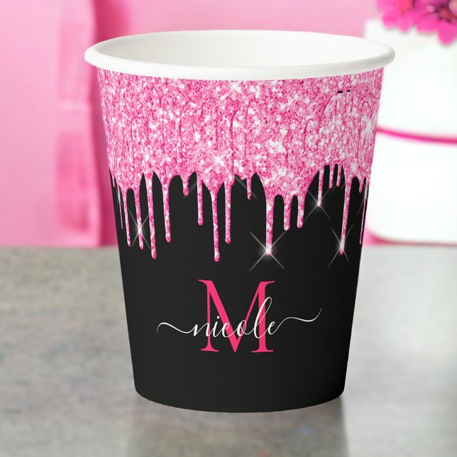 Monogram Metallic Hot Pink Drilling Glitzer Black Pappbecher (Von Creator hochgeladen)