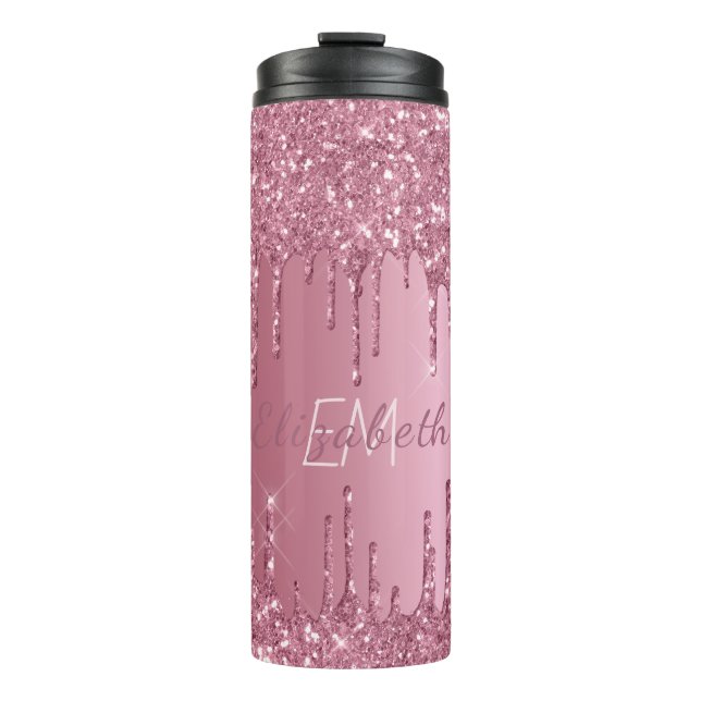 Monogram Metallic Pink Dripping Glitzer Girly Thermosbecher (Vorderseite)