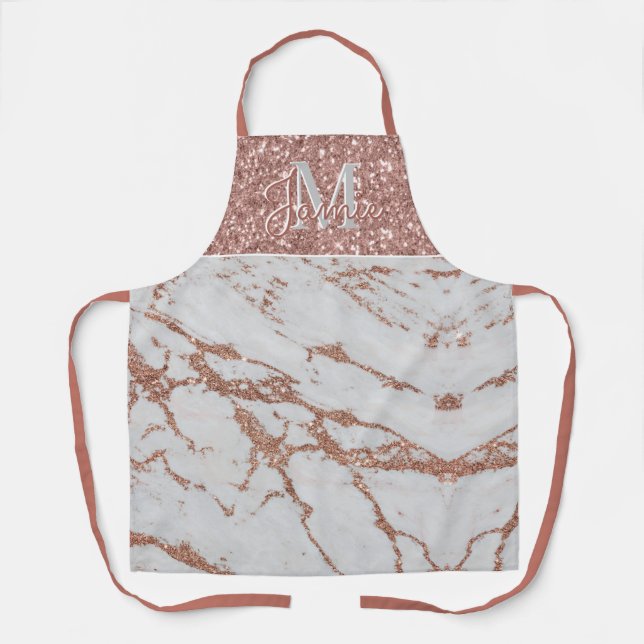 Monogram Metallic Pink Rose Gold Marmor & Glitzer Schürze (Vorderseite)