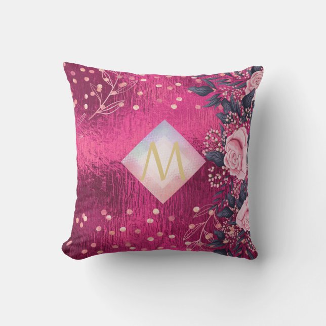 Monogram Metallic Pink Rosegold Navy Glitzer Girly Kissen (Vorderseite)