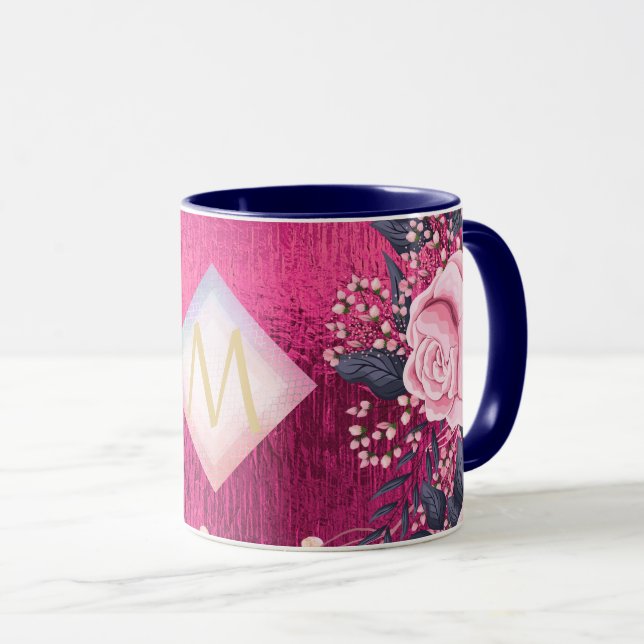 Monogram Metallic Pink Rosegold Navy Glitzer Girly Tasse (VorderseiteRechts)