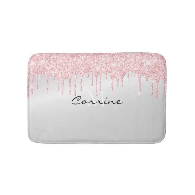 Monogram Metallic Platinum & Pink Glitzer Drilling Badematte (Vorderseite)