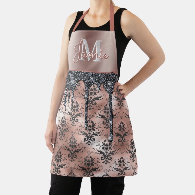 Monogram Metallic Rose Gold Damask & Black Glitzer Schürze (InSitu)