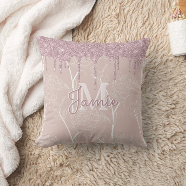 Monogram Metallic Rose Gold Glitzer & Mauve Floral Kissen (Decke)
