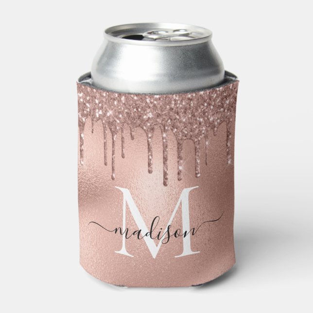 Monogram Metallic Rose Gold Pink Glitzer Tropfen Dosenkühler (Kanne Vorderseite)