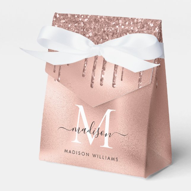 Monogram Metallic Rose Gold Pink Glitzer Tropfen Geschenkschachtel (Vorderseite)