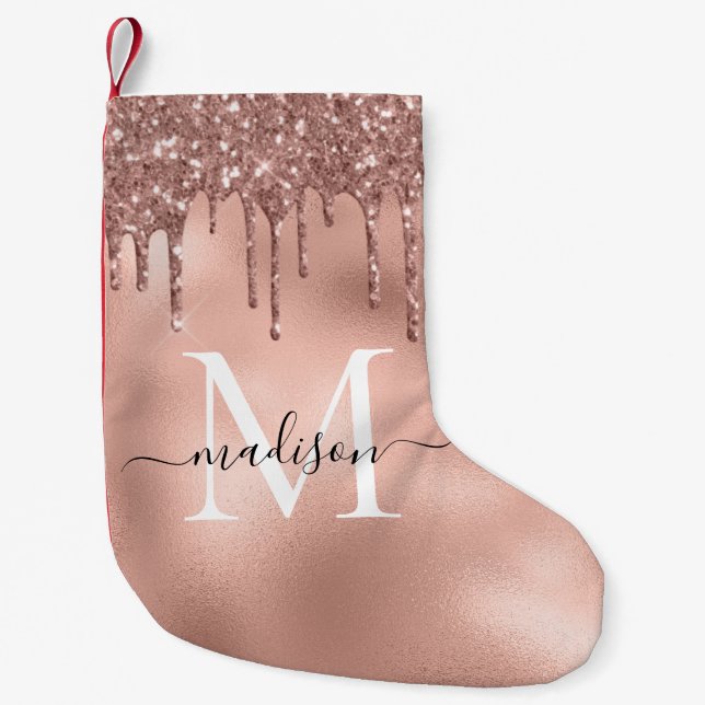 Monogram Metallic Rose Gold Pink Glitzer Tropfen Kleiner Weihnachtsstrumpf (Vorderseite)