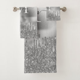 Monogram Metallic Silver Gray Driving Glitzer Badhandtuch Set