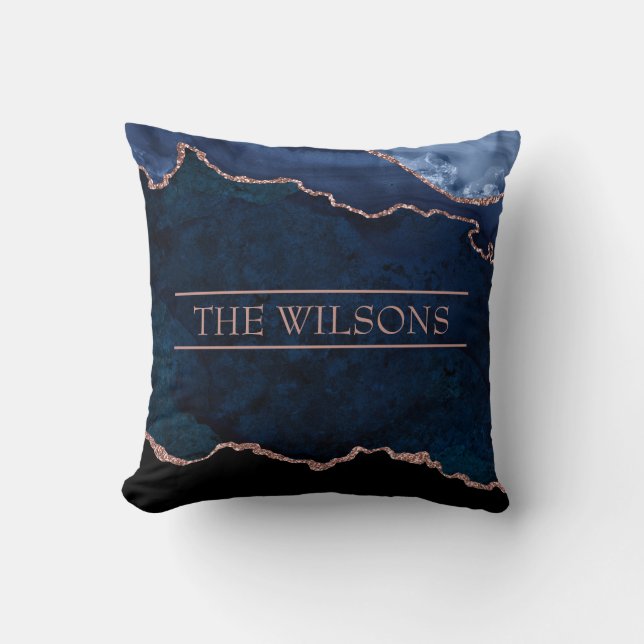 Monogram Midnight Blue Abstrakt Elegante Marble Kissen (Vorderseite)