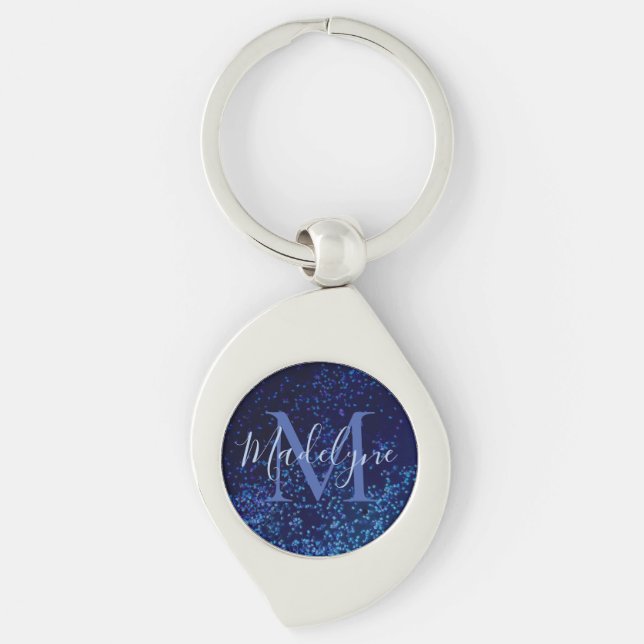 Monogram Midnite Blue Confetti Schlüsselanhänger (Vorderseite)
