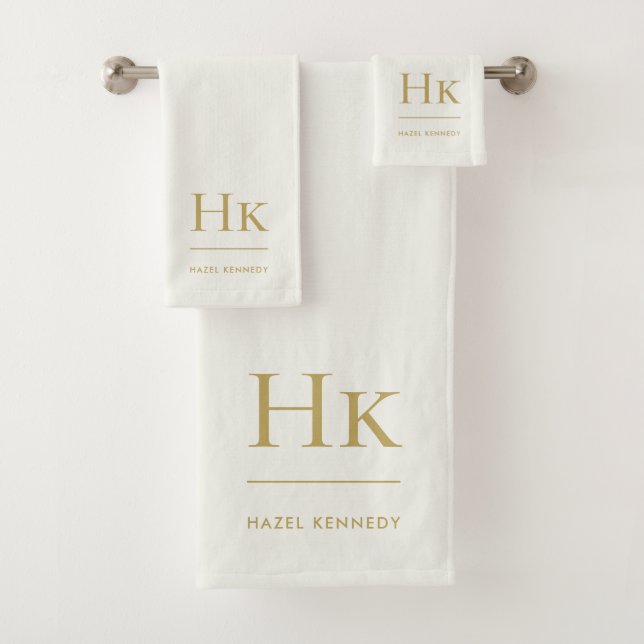 Monogram Minimal Elegant Ivory Gold Stylish Simple Badhandtuch Set (Insitu)