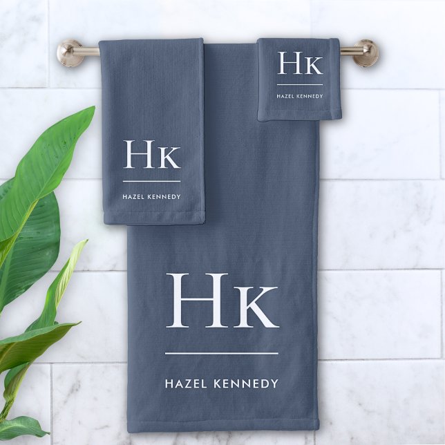Monogram Minimal Elegant Navy Blue White Stilvoll Badhandtuch Set (Von Creator hochgeladen)