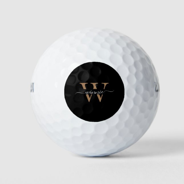 Monogram Minimal Elegante Black Gold Script Name Golfball (Vorderseite)