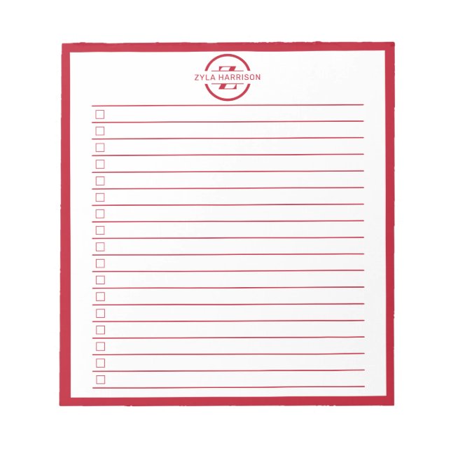 Monogram Minimalist Red Name To Do List Notizblock (Vorderseite)