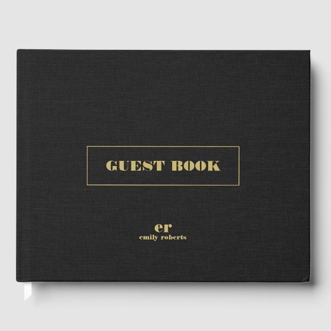 Monogram Minimalistic Black Linen Gold Typografie Gästebuch (Vorderseite)