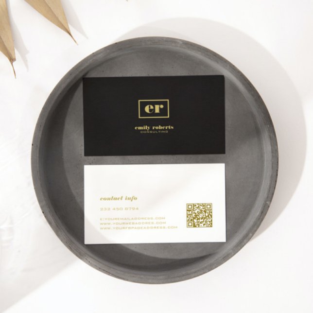 Monogram Minimalistic Black Linen Gold Typografie Visitenkarte (Von Creator hochgeladen)