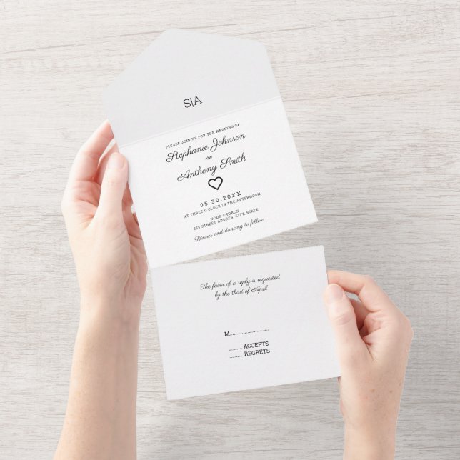 Monogram Minimalistisch Black and White Heart Wedd All In One Einladung (Abreißen)