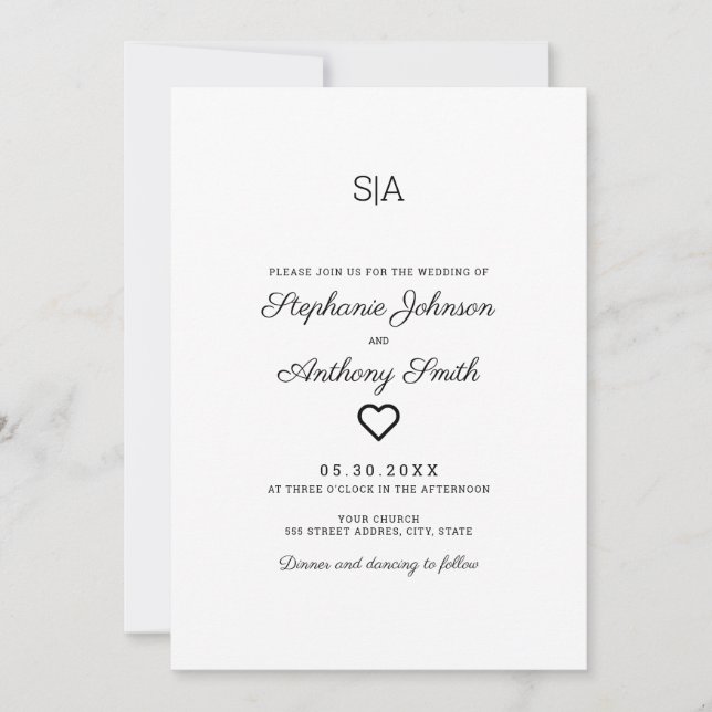 Monogram Minimalistisch Black and White Heart Wedd Einladung (Vorderseite)