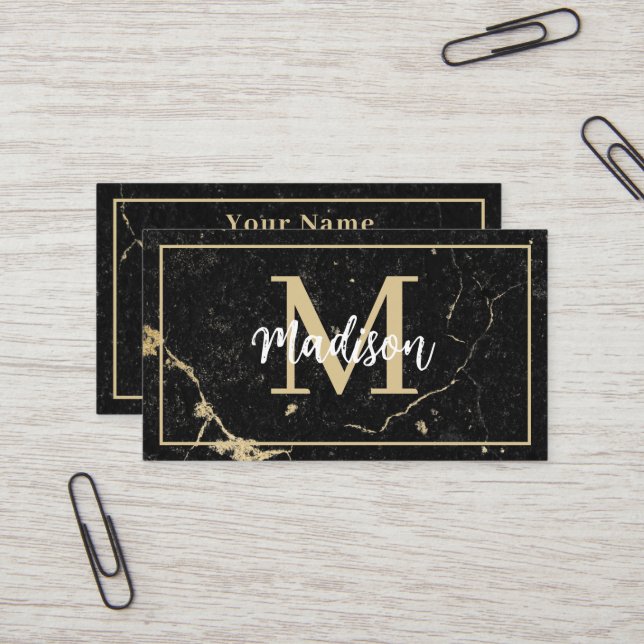 Monogram Minimalistisch Rustic Black Gold Marmor Visitenkarte (Vorderseite/Rückseite Beispiel)