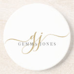 Monogram Minimalistisch White Getränkeuntersetzer<br><div class="desc">Eine schicke,  moderne,  goldene schwarze Monogramm auf weißen Untersetzer,  mit einem dramatischen Drehbuch,  das zunächst mit Swashes und Ihrem vollständigen Namen in einem modernen Serifentyp beginnt.</div>