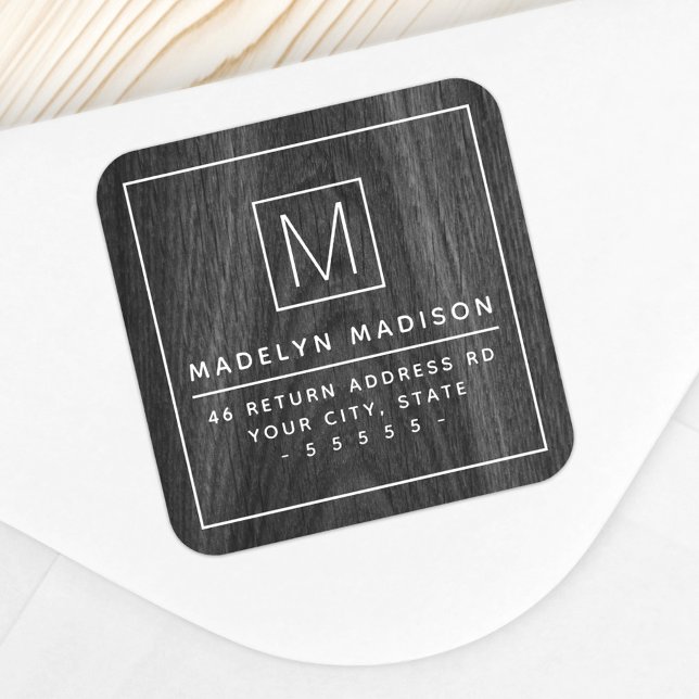 Monogram-Minimalistische dunkle Holzkörnigkeit-Rüc Quadratischer Aufkleber (Von Creator hochgeladen)