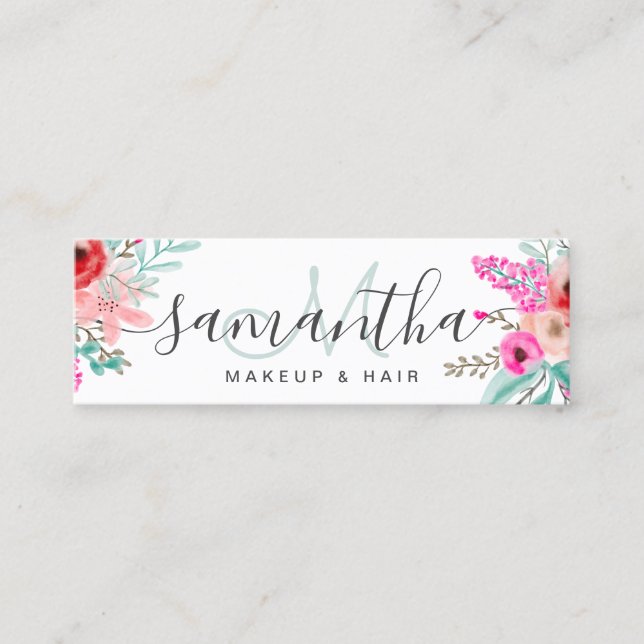 Monogram Mint pink florale Aquarellbraut Chic Mini Visitenkarte (Vorderseite)