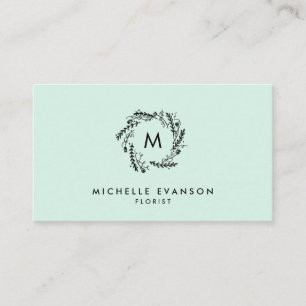 Monogram Minze Green and Black Floral Wreath Visitenkarte