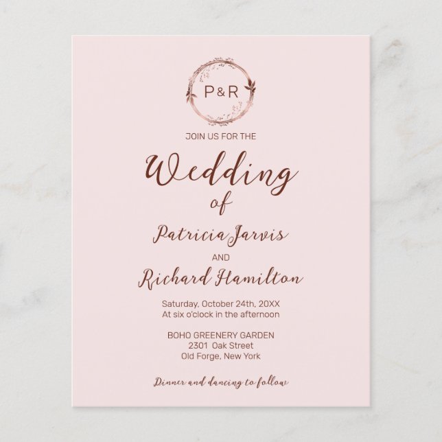 Monogram Misty Rose Budget Hochzeit Einladung (Vorderseite)