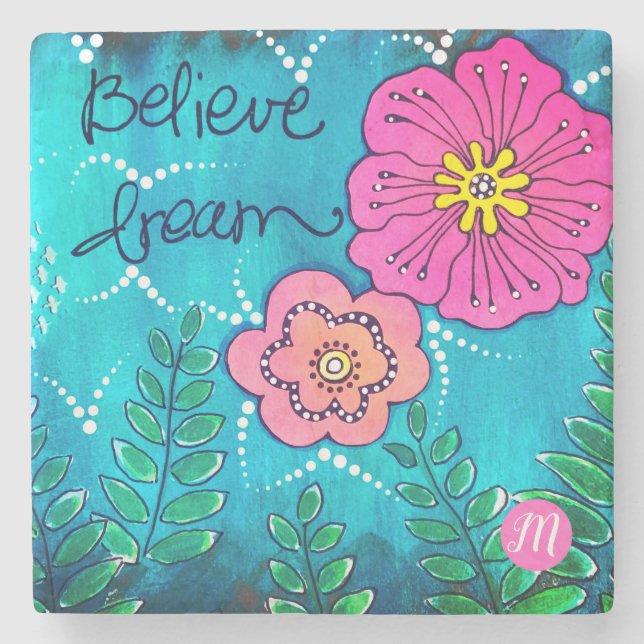 Monogram Mixed Media Art mit Blume | Steinuntersetzer (Vorderseite)