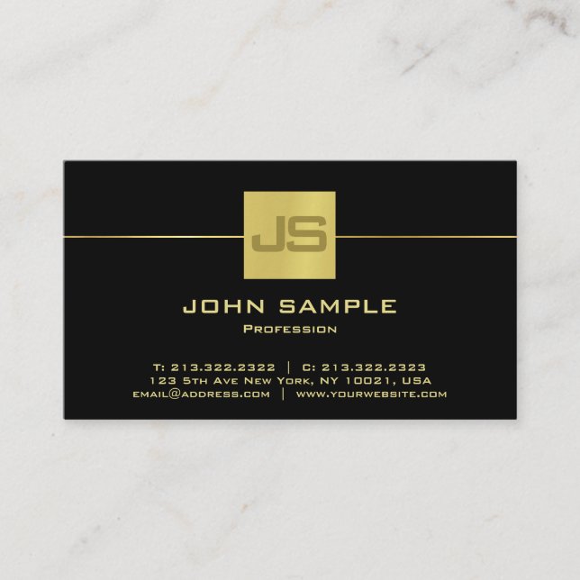 Monogram Modern Beruflich Elegante Black Gold Visitenkarte (Vorderseite)