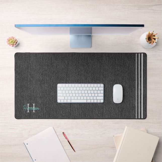 Monogram, Modern Black Denim Print Platinum Akzent Schreibtischunterlage (Büro 1)