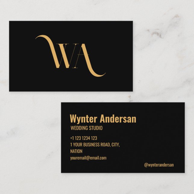 Monogram Modern Black Gold Chic Minimal Custom Visitenkarte (Vorne/Hinten)