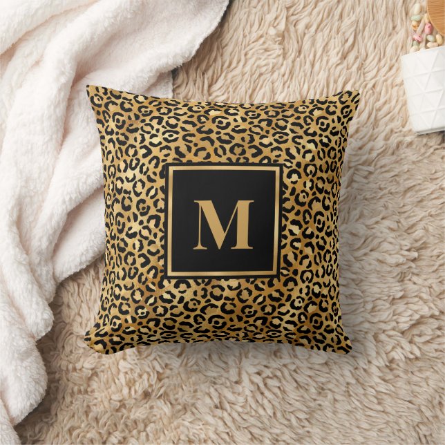 Monogram Modern Black Gold Leopard Print Kissen (Decke)