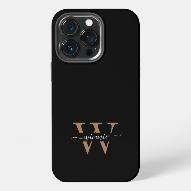 Monogram Modern Black Gold Script Name iPhone 13 Pro Hülle (Hinten)