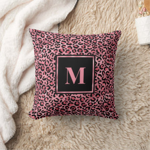 Monogram Modern Black Pink Leopard Print Kissen