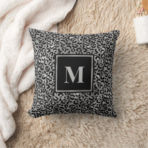 Monogram Modern Black Silver Graue Leopard Print Kissen