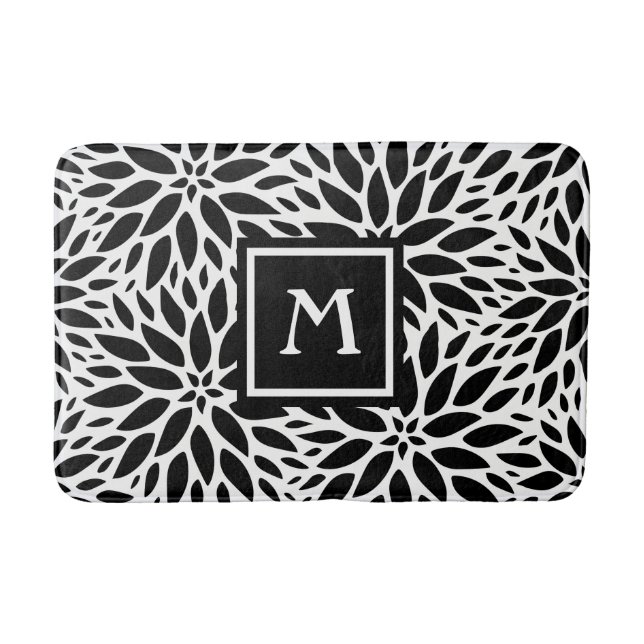 Monogram, Modern Black & White Dahlias Bath Mat Badematte (Vorderseite)