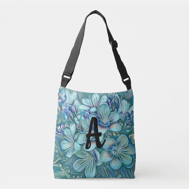 Monogram Modern Blue Cherry Blossom Wasserfarbe Tragetaschen Mit Langen Trägern (Vorderseite)
