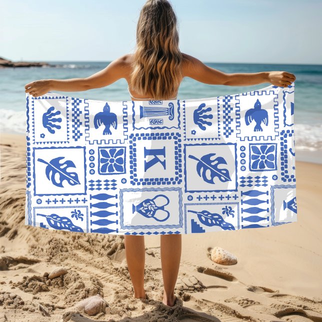 Monogram Modern Blue White Abstrakt Pattern Strandtuch (Von Creator hochgeladen)