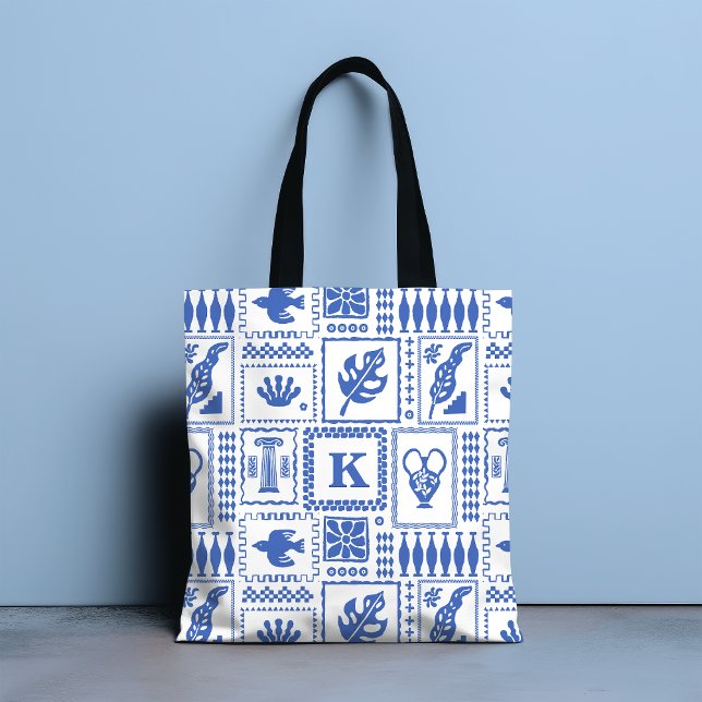 Monogram Modern Blue White Abstrakt Pattern Tasche (Von Creator hochgeladen)