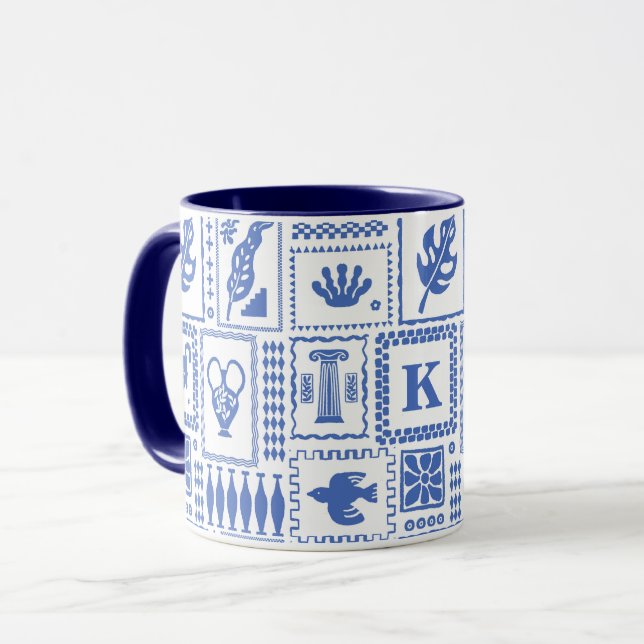 Monogram Modern Blue White Abstrakt Pattern Tasse (Vorderseite Links)