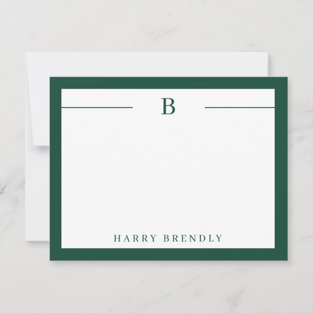 Monogram, Modern Border Green White Flat Note Card Mitteilungskarte (Vorderseite)