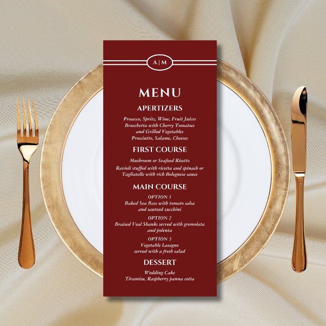 Monogram Modern Burgundy Christian Wedding Menu Menükarte (Von Creator hochgeladen)