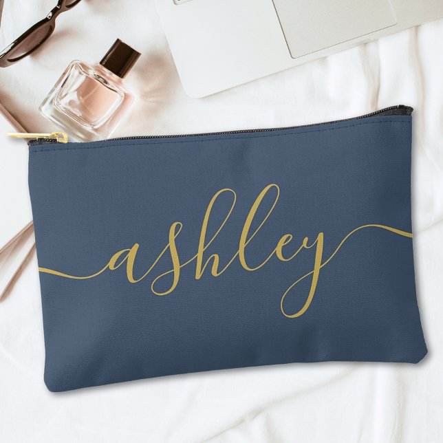 Monogram Modern Calligraphy Navy Blue Gold Script Zubehörtasche (Von Creator hochgeladen)