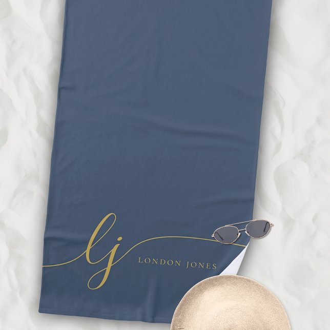 Monogram Modern Elegant Navy Gold Script Initials Strandtuch (Von Creator hochgeladen)