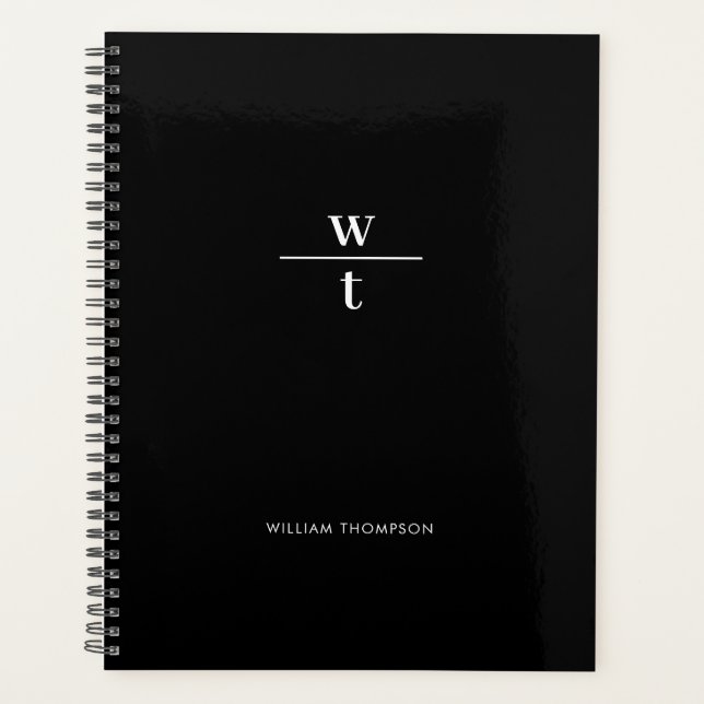 Monogram Modern Elegante Schwarz-weiß Planer (Vorderseite)